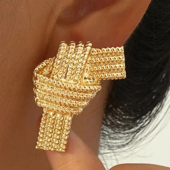 Gold Textured Knot Earrings - Picture 2 of 2